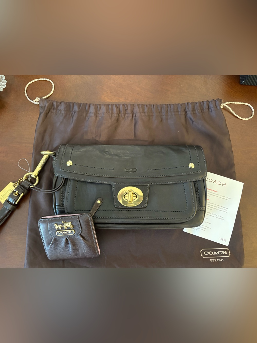 Coach Hampton Lindsey 12450 Brown Leather Clutch Wristlet + Matching Wallet